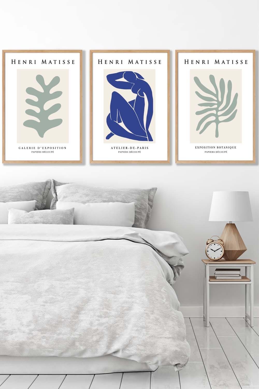 Set of 3 Oak Framed Matisse Botanical Shapes with Nude in Green & Blue Wall Art